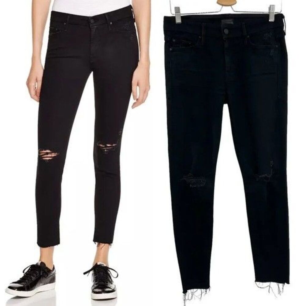 MOTHER Denim The Looker Ankle Fray Jeans Guilty As Sin Black Distressed Size 26